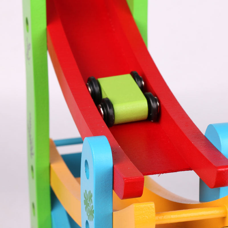Wooden Racing Track Car Ramp Toy for Kids – Montessori Educational Car Ramp with 4 Mini Cars