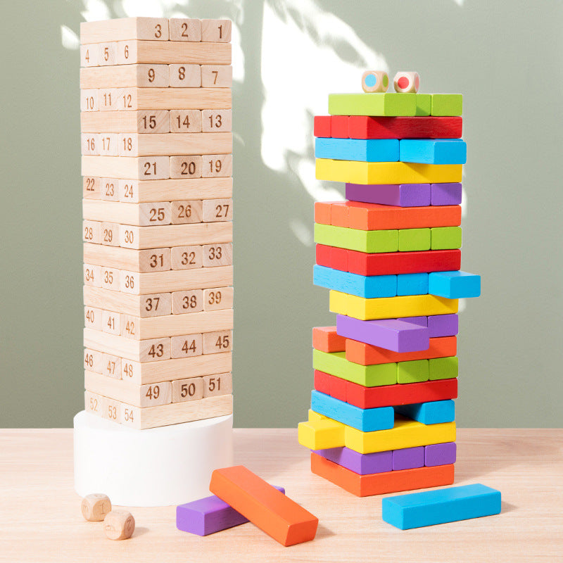 Wooden Tumbling Tower Stacking Game with Dice – Family Balance Building Blocks Toy