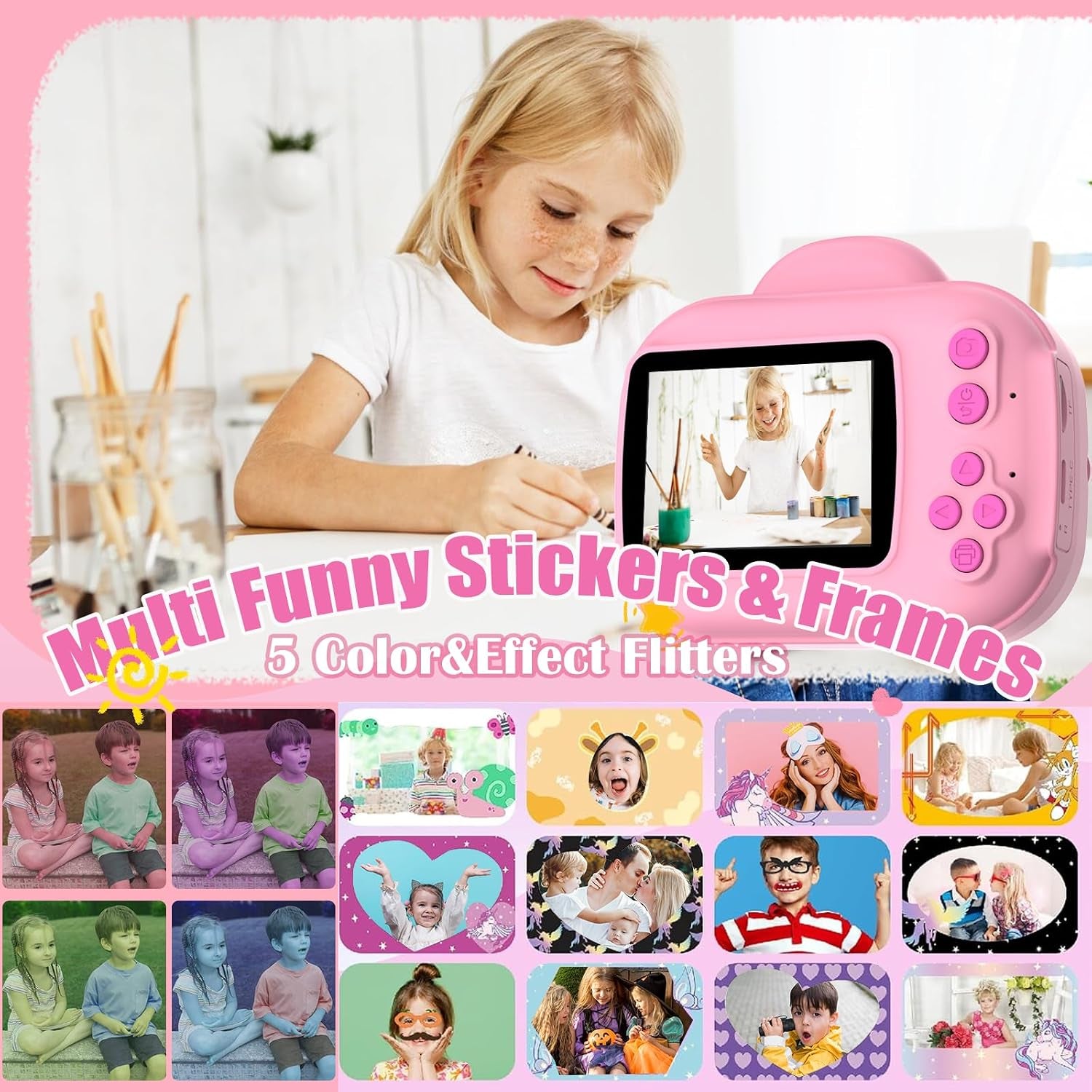 Kids Camera Instant Print Camera for Kids, Toddler Cameras for Girls, 1080P HD Digital Video Cameras, Instant Camera Toy for 4 5 6 7 8 9 10 Year Girl Grandkids with SD Card (Pink)