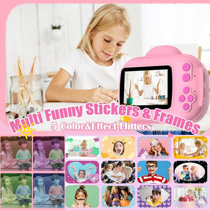 Kids Camera Instant Print Camera for Kids, Toddler Cameras for Girls, 1080P HD Digital Video Cameras, Instant Camera Toy for 4 5 6 7 8 9 10 Year Girl Grandkids with SD Card (Pink)