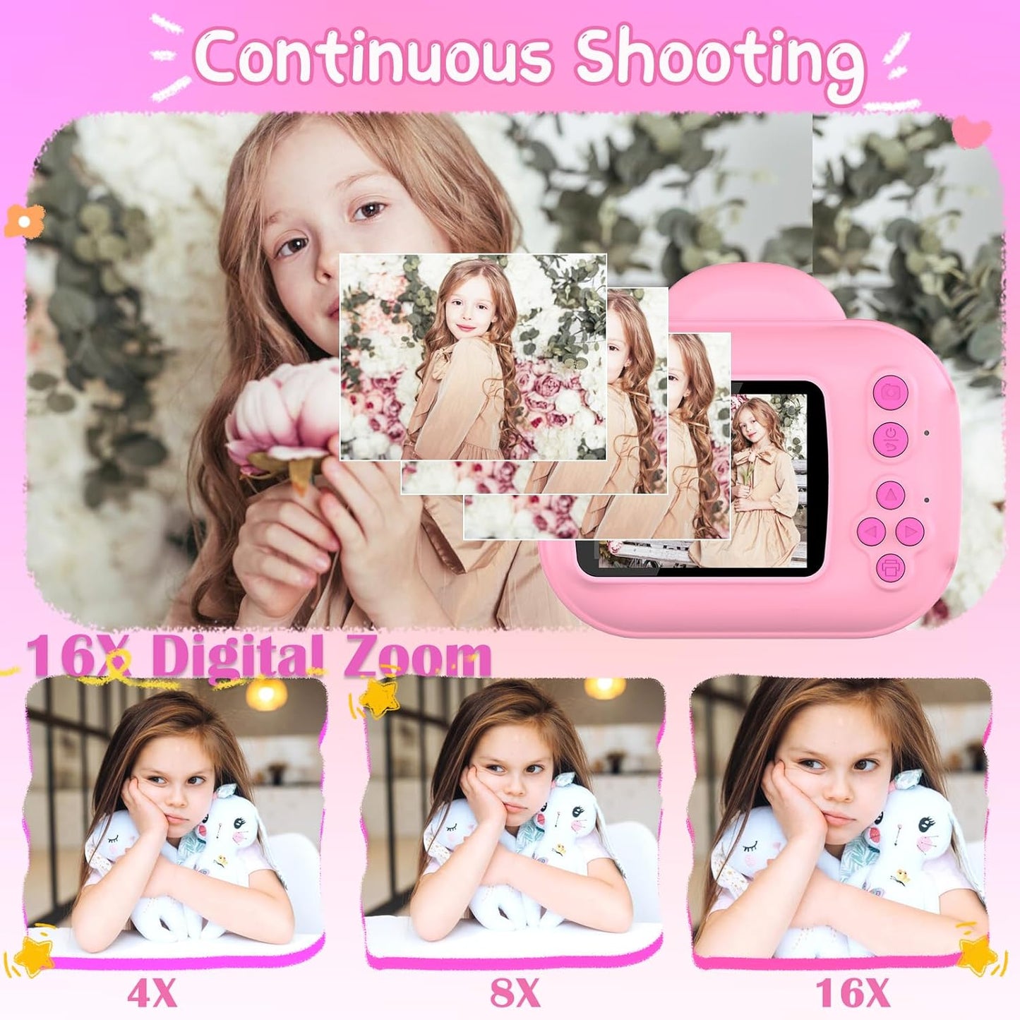 Kids Camera Instant Print Camera for Kids, Toddler Cameras for Girls, 1080P HD Digital Video Cameras, Instant Camera Toy for 4 5 6 7 8 9 10 Year Girl Grandkids with SD Card (Pink)