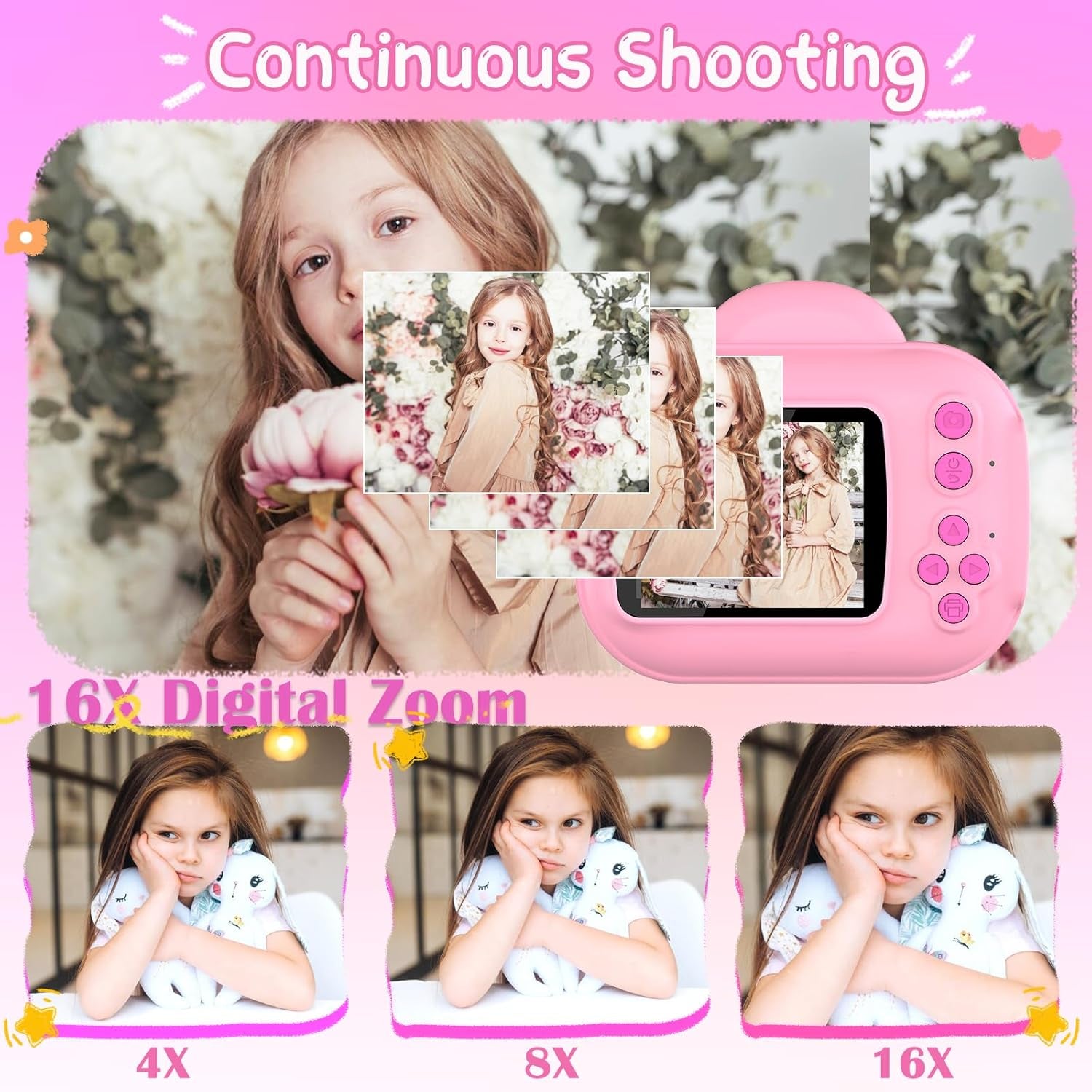 Kids Camera Instant Print Camera for Kids, Toddler Cameras for Girls, 1080P HD Digital Video Cameras, Instant Camera Toy for 4 5 6 7 8 9 10 Year Girl Grandkids with SD Card (Pink)