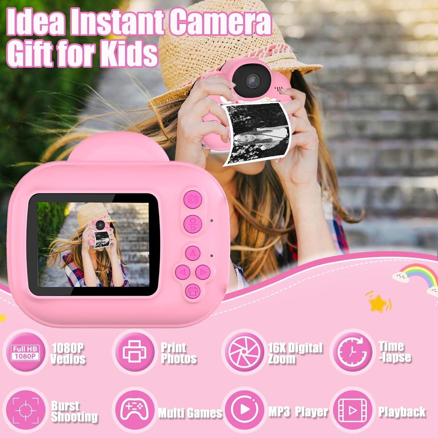 Kids Camera Instant Print Camera for Kids, Toddler Cameras for Girls, 1080P HD Digital Video Cameras, Instant Camera Toy for 4 5 6 7 8 9 10 Year Girl Grandkids with SD Card (Pink)