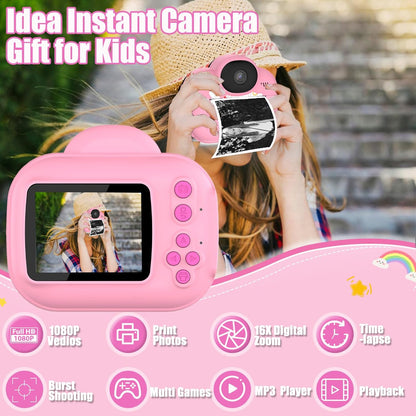Kids Camera Instant Print Camera for Kids, Toddler Cameras for Girls, 1080P HD Digital Video Cameras, Instant Camera Toy for 4 5 6 7 8 9 10 Year Girl Grandkids with SD Card (Pink)