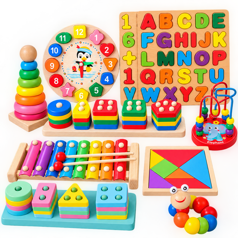 8-in-1 Wooden Educational Toy Set for Kids – Colorful Early Learning & Montessori-Inspired Activities