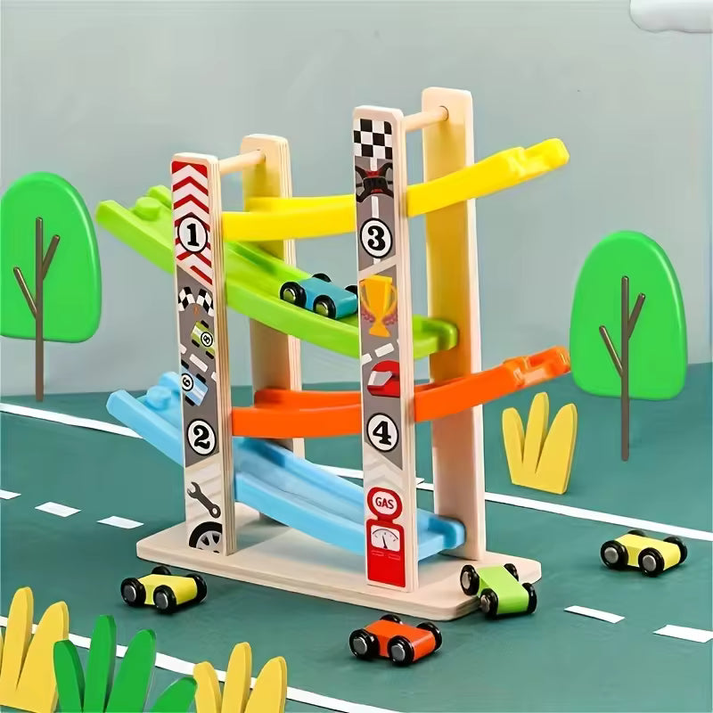 Wooden Racing Track Car Ramp Toy for Kids – Montessori Educational Car Ramp with 4 Mini Cars