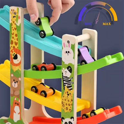 Wooden Racing Track Car Ramp Toy for Kids – Montessori Educational Car Ramp with 4 Mini Cars