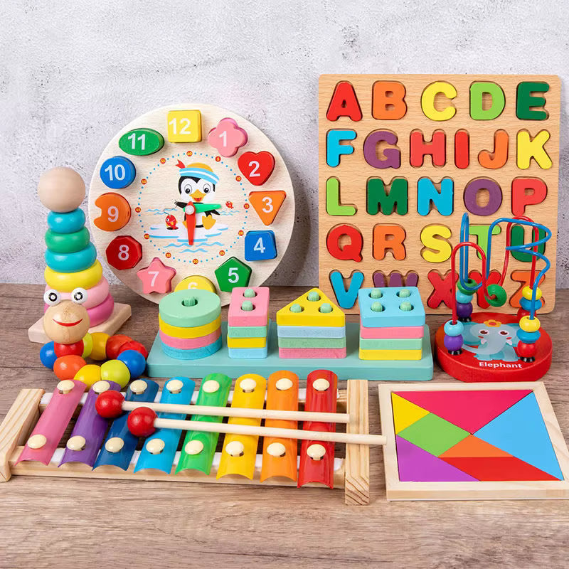 8-in-1 Wooden Educational Toy Set for Kids – Colorful Early Learning & Montessori-Inspired Activities