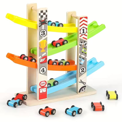 Wooden Racing Track Car Ramp Toy for Kids – Montessori Educational Car Ramp with 4 Mini Cars