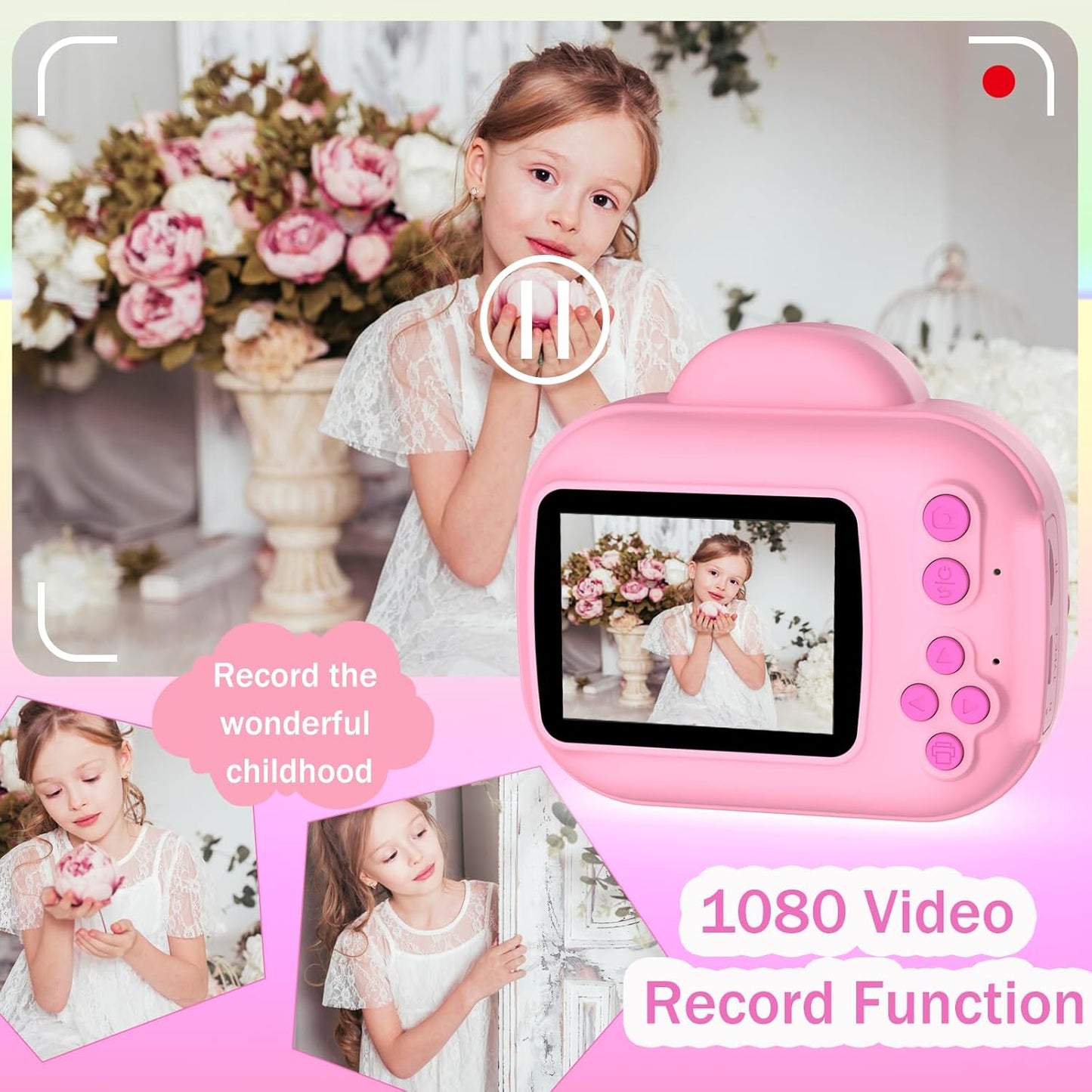 Kids Camera Instant Print Camera for Kids, Toddler Cameras for Girls, 1080P HD Digital Video Cameras, Instant Camera Toy for 4 5 6 7 8 9 10 Year Girl Grandkids with SD Card (Pink)