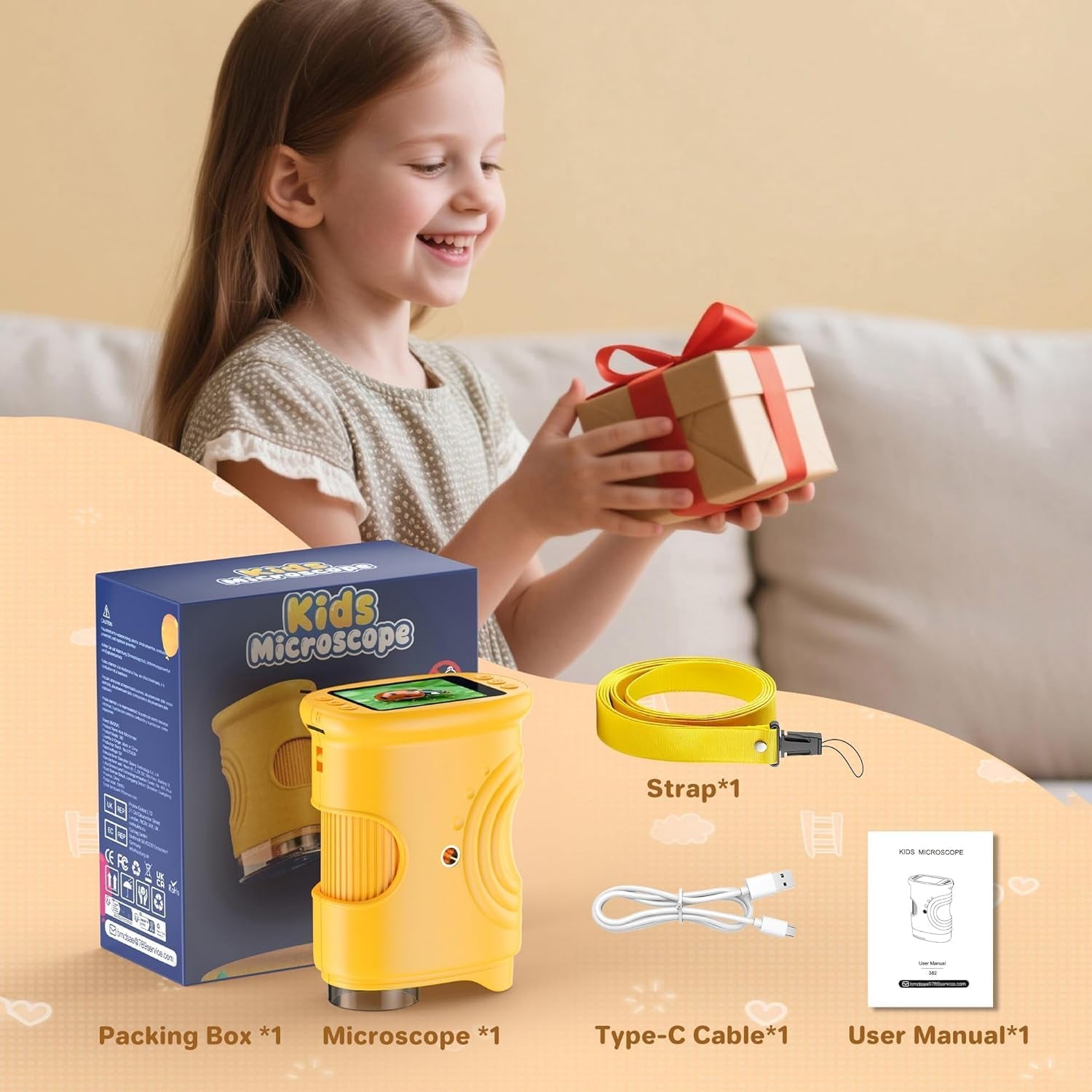 Handheld Digital Microscope, 1000X Magnification, 2.0" IPS Screen, Portable STEM Educational Toy for Kids Ages 3-12, Yellow